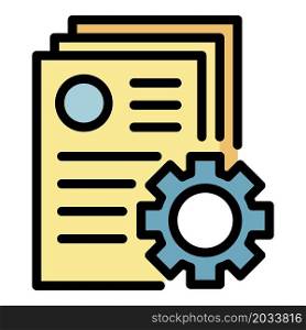 Documents and gear icon. Outline documents and gear vector icon color flat isolated. Documents and gear icon color outline vector
