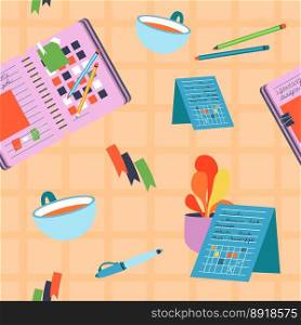 Documents and pencils, calendar and bookmarks, pens and diaries for writing and putting down memos. Houseplant and calendar. Seamless pattern, wallpaper or background print. Vector in flat style. Office supplies, documents and pencils pattern