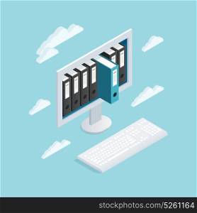 Documents Cloud Isometric Composition. Colored documents cloud isometric composition with computer monitor and data books inside vector illustration