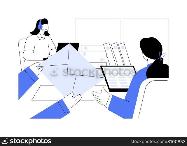 Documents delivery abstract concept vector illustration. Smiling secretary receives documents from the courier, getting an envelope, corporate business, office life abstract metaphor.. Documents delivery abstract concept vector illustration.