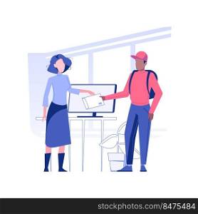 Documents delivery isolated concept vector illustration. Smiling secretary receives documents from the courier, getting an envelope, corporate business, office life vector concept.. Documents delivery isolated concept vector illustration.