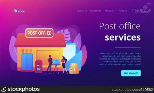 Documents, letters express courier delivering. Postal services. Post office services, post delivery agent, post office card accounts concept. Website homepage landing web page template.. Post office concept landing page