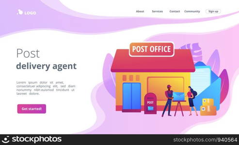 Documents, letters express courier delivering. Postal services. Post office services, post delivery agent, post office card accounts concept. Website homepage landing web page template.. Post office concept landing page