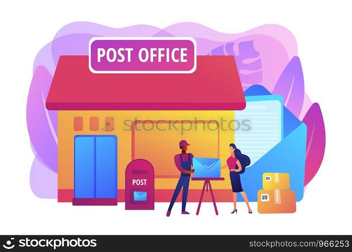 Documents, letters express courier delivering. Postal services. Post office services, post delivery agent, post office card accounts concept. Bright vibrant violet vector isolated illustration. Post office concept vector illustration