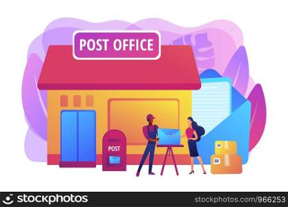 Documents, letters express courier delivering. Postal services. Post office services, post delivery agent, post office card accounts concept. Bright vibrant violet vector isolated illustration. Post office concept vector illustration