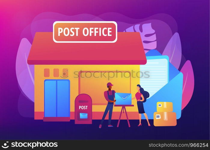 Documents, letters express courier delivering. Postal services. Post office services, post delivery agent, post office card accounts concept. Bright vibrant violet vector isolated illustration. Post office concept vector illustration