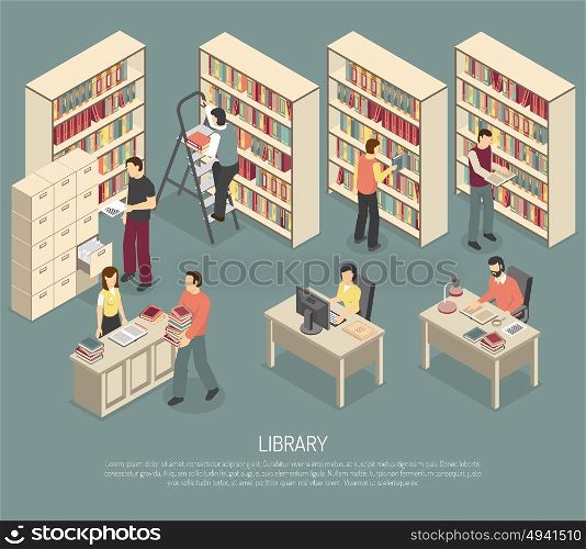 Documents Library Archive Interior Isometric Illustration . Scientific library published materials shelves with ladder and online documents and catalogs access computers isometric abstract illustration
