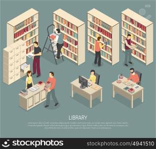 Documents Library Archive Interior Isometric Illustration . Scientific library published materials shelves with ladder and online documents and catalogs access computers isometric abstract illustration