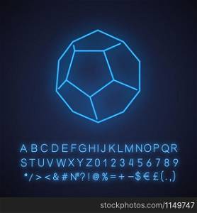 Dodecahedron neon light icon. Geometric figure with hexagon base. Decorative element. Flat abstract shape. Isometric form. Glowing sign with alphabet, numbers and symbols. Vector isolated illustration