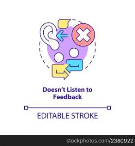 Does not listen to feedback concept icon. Disregarding opinion. Toxic leader trait abstract idea thin line illustration. Isolated outline drawing. Editable stroke. Arial, Myriad Pro-Bold fonts used. Does not listen to feedback concept icon