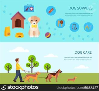 Dog 2 flat horizontal banners composition. Dogs puppies breeds accessories supply and care 2 flat horizontal banners composition poster abstract isolated vector illustration