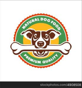 Dog. A dog with a bone in her teeth. Vector color sign logo. Feed for animals.