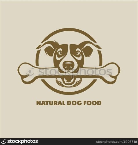 Dog. A dog with a bone in her teeth. Vector sign logo. Fodder for animals.