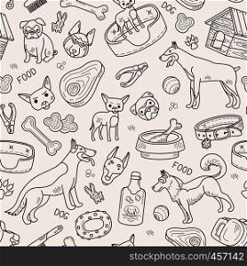 Dog and accessories black line vector pattern. Dog and accessories vector pattern