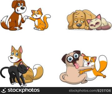 Dog And Cat Cartoon Characters Together. Vector Hand Drawn Collection Set Isolated On Transparent Background