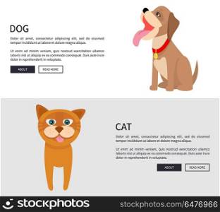 Dog and Cat Conceptual Banner Vector Illustration. Dog and cat conceptual banner vector illustration on white and grey backgrounds. Two buttons ead and learn more at end of description.