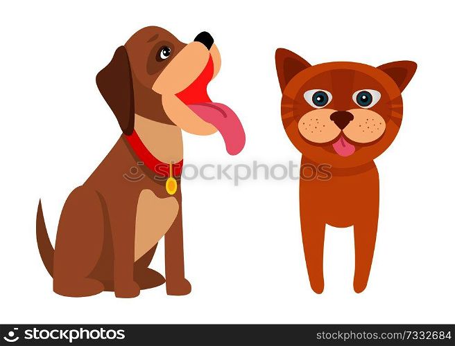 Dog and kitty poster, banner with dog and cat, pets collection, doggy and kitten with pink tongues, vector illustration isolated on white background. Dog and Kitty White Poster Vector Illustration
