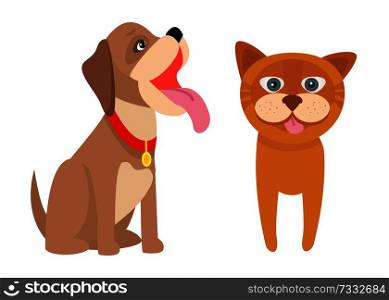 Dog and kitty poster, banner with dog and cat, pets collection, doggy and kitten with pink tongues, vector illustration isolated on white background. Dog and Kitty White Poster Vector Illustration