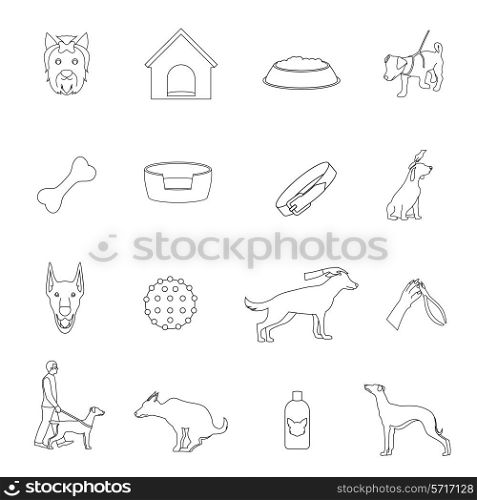 Dog animals icons outline set with bone collar house shampoo isolated vector illustration