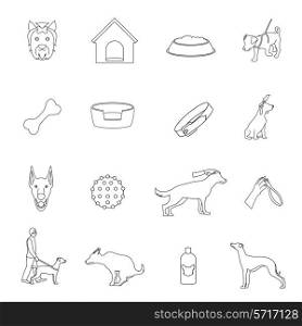 Dog animals icons outline set with bone collar house shampoo isolated vector illustration