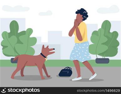 Dog attack flat color vector illustration. Young woman afraid of rabid animal 2D cartoon character with cityscape on background. panic attack, stressful situation. Danger reaction, phobia. Dog attack flat color vector illustration
