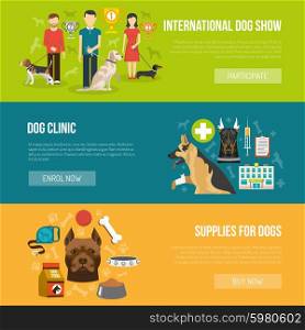 Dog banner set. Dog horizontal banner set with vet clinic and pet supplies elements isolated vector illustration