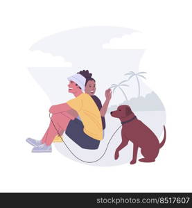 Dog beach isolated cartoon vector illustrations. Happy couple sit with cute dog at the beach, spending time with adorable pet together, puppy on a leash, leisure time near ocean vector cartoon.. Dog beach isolated cartoon vector illustrations.