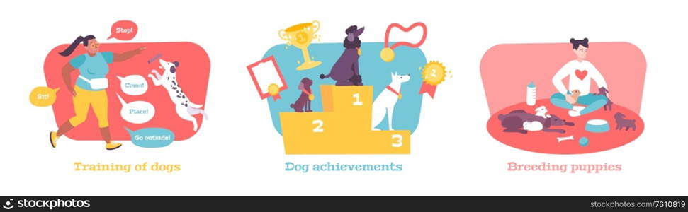 Dog breeding business teaching commands training for competitions shows winners award ceremony 3 flat compositions vector illustration. Breed Dogs Flat Compositions