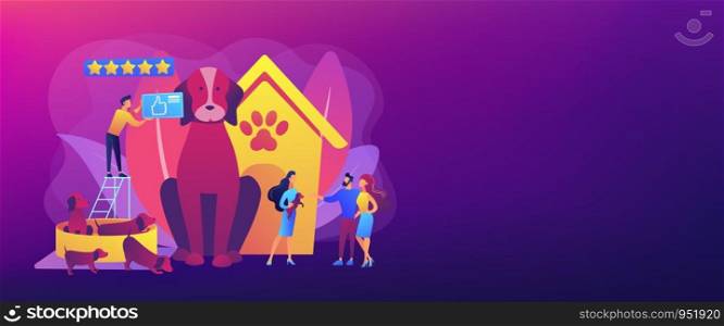 Dog breeding, buying puppy at pet store. Domestic animal. Couple adopting puppy. Breed club, top breed standard, buy your purebred pet here concept. Header or footer banner template with copy space.. Breed club concept banner header