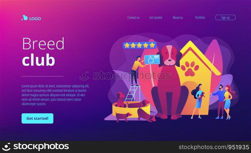 Dog breeding, buying puppy at pet store. Domestic animal. Couple adopting puppy. Breed club, top breed standard, buy your purebred pet here concept. Website homepage landing web page template.. Breed club concept landing page