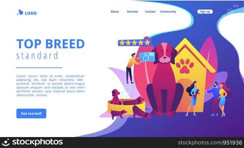 Dog breeding, buying puppy at pet store. Domestic animal. Couple adopting puppy. Breed club, top breed standard, buy your purebred pet here concept. Website homepage landing web page template.. Breed club concept landing page