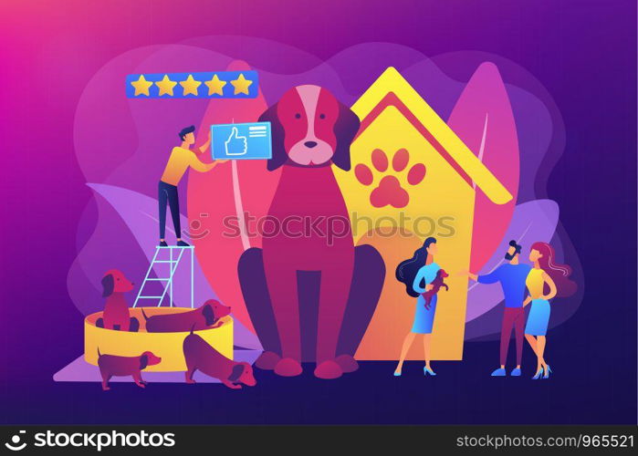 Dog breeding, buying puppy at pet store. Domestic animal. Couple adopting puppy. Breed club, top breed standard, buy your purebred pet here concept. Bright vibrant violet vector isolated illustration. Breed club concept vector illustration