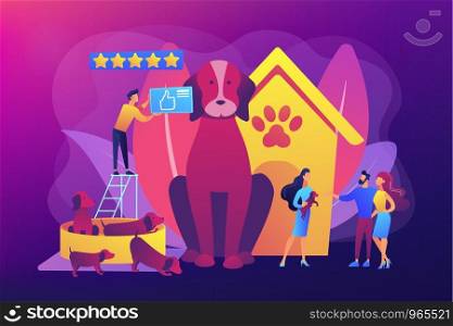 Dog breeding, buying puppy at pet store. Domestic animal. Couple adopting puppy. Breed club, top breed standard, buy your purebred pet here concept. Bright vibrant violet vector isolated illustration. Breed club concept vector illustration