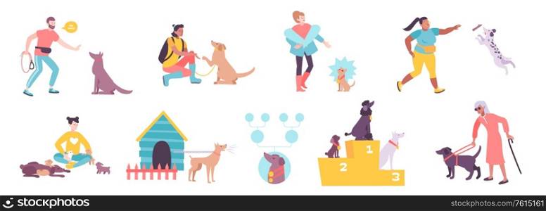 Dog breeding training as companion blind people assistant and service animal 9 isolated flat compositions vector illustration