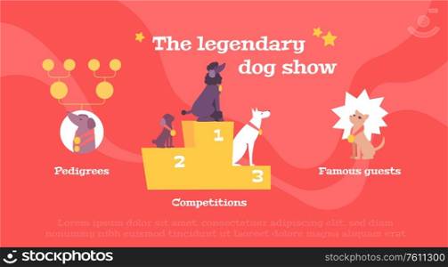 Dog breeds pedigrees annual show competition winners award ceremony 3 flat compositions red background banner vector illustration