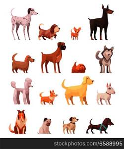 Dog breeds retro cartoon icons collection with husky poedel collie shepherd and dachshund dog isolated vector illustration . Dog Breeds Retro Cartoon Icons Collection