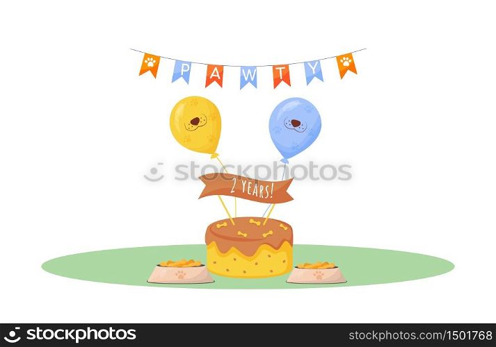 Dog cake cartoon vector illustration. Celebrate bday of domestic animal. Balloon, present. Safe recipe for festive puppy food. Birthday cake flat color object. Pet treat isolated on white background. Dog cake cartoon vector illustration