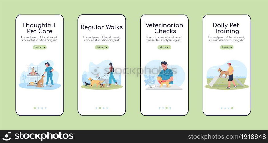 Dog care onboarding mobile app screen flat vector template. Owner with pets. Walkthrough website 4 steps with characters. Creative UX, UI, GUI smartphone cartoon interface, case prints set. Dog care onboarding mobile app screen flat vector template