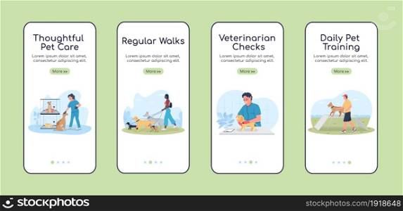 Dog care onboarding mobile app screen flat vector template. Owner with pets. Walkthrough website 4 steps with characters. Creative UX, UI, GUI smartphone cartoon interface, case prints set. Dog care onboarding mobile app screen flat vector template