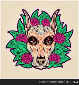 Dog celebrating day of the dead with floral ornament vector illustrations for your work logo, merchandise t-shirt, stickers and label designs, poster, greeting cards advertising business company or brands