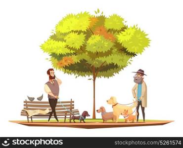 Dog Concept Illustration. Dog owner concept with walking in the park symbols cartoon vector illustration