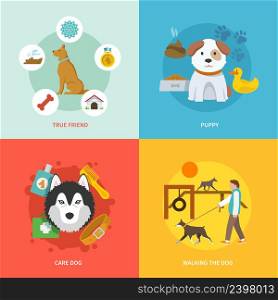 Dog design concept set with true friend puppy care flat icons isolated vector illustration. Dog Icons Flat Set