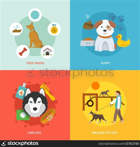 Dog design concept set with true friend puppy care flat icons isolated vector illustration