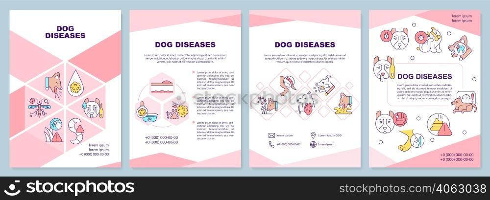 Dog diseases pink brochure template. Causes and treatment. Leaflet design with linear icons. 4 vector layouts for presentation, annual reports. Arial-Black, Myriad Pro-Regular fonts used. Dog diseases pink brochure template