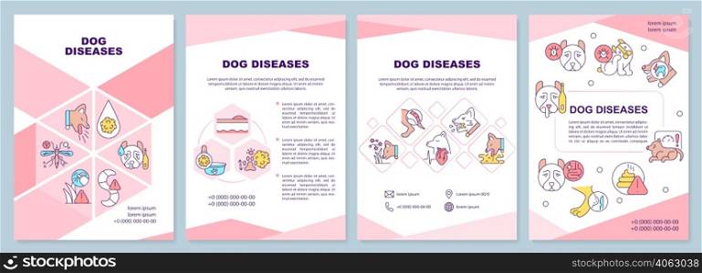 Dog diseases pink brochure template. Causes and treatment. Leaflet design with linear icons. 4 vector layouts for presentation, annual reports. Arial-Black, Myriad Pro-Regular fonts used. Dog diseases pink brochure template