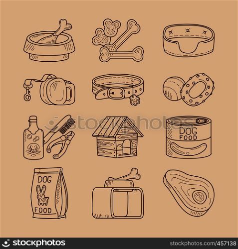 Dog doodle signs. Hand drawn dog food and dog toys vector icons. Dog doodle signs food and toys