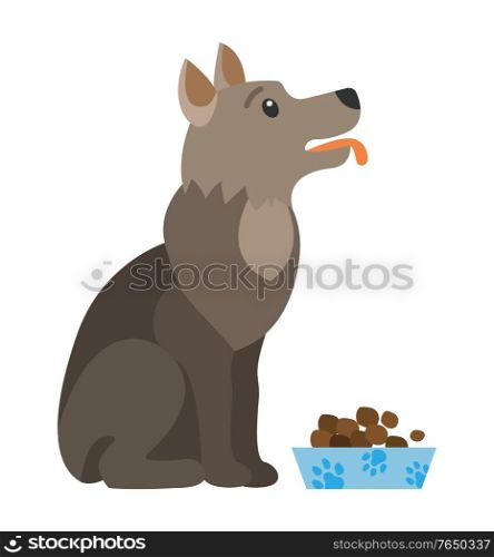Dog eating dry food from bowl isolated cartoon canine animal. Vector cute domestic puppy feeding from plate, nutritional snack for labrador or retriever. Dog Eating Food From Bowl Isolated Cartoon Canine