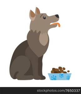Dog eating dry food from bowl isolated cartoon canine animal. Vector cute domestic puppy feeding from plate, nutritional snack for labrador or retriever. Dog Eating Food From Bowl Isolated Cartoon Canine
