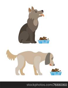 Dog eating from bowl, side view of hungry pet character, feeding doggy, furry animal sitting near food, purebred puppy set in flat design style vector. Hungry Dog, Purebred Pet Eating Food, Doggy Vector