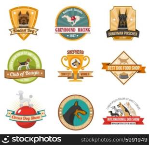 Dog emblems set. Dogs colored emblems set with pet award shields and cups isolated vector illustration
